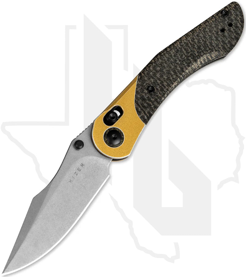 Kizer Mini Mystic V3636A2 - Black Burlap Micarta, Copper Aluminum, Stonewashed