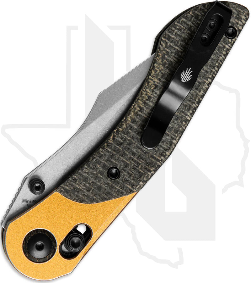 Kizer Mini Mystic V3636A2 - Black Burlap Micarta, Copper Aluminum, Stonewashed