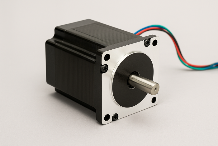 Close-up of NEMA 24 stepper motor showing shaft, rear wiring, and flange dimensions